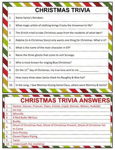 the christmas trivia answer sheet is shown in red, green and yellow stripes with words on