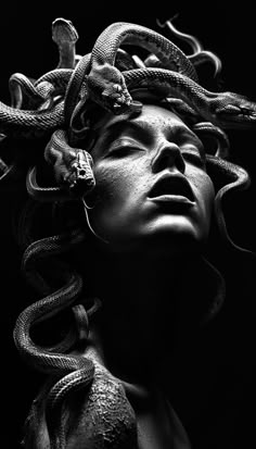 a black and white photo of a woman with snakes on her head