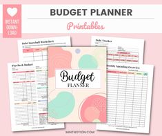 the printable budget planner is shown in three different colors and sizes, including one for each