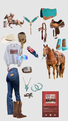 a woman wearing jeans and cowboy boots standing in front of a white background with various items on it