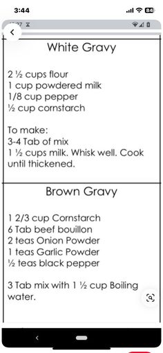 the recipe for white gravy is displayed on an iphone screen, with instructions to make it