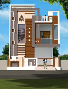 a man walking past a tall brown and white building