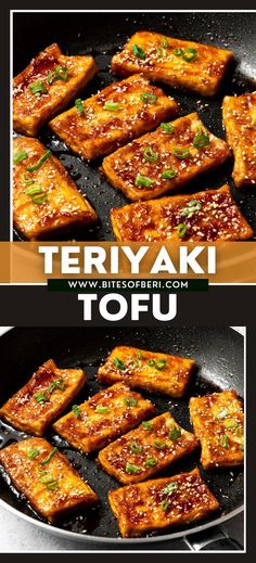 tofu is being cooked in a frying pan with the words teriyaki on it