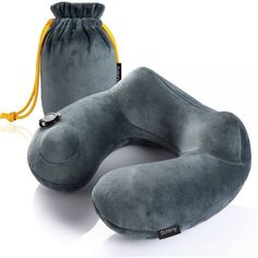 an inflatable travel pillow and drawstring bag