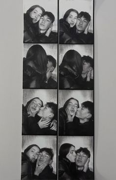 four black and white photographs of people kissing each other