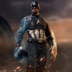 the captain america statue is shown in this promotional image from iron man 3, which features an armor suit and helmet