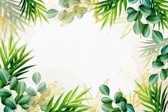 green leaves and branches on a white background with watercolor splashes in the center