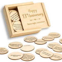 wooden anniversary coasters in a box with the words happy 13th anniversary written on them