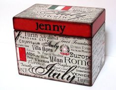 a red and white box sitting on top of a table