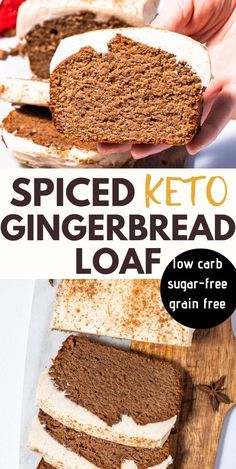 two slices of spiced keto gingerbread loaf with cream cheese frosting on top