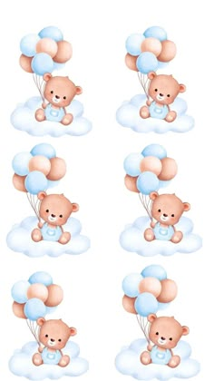 the teddy bear is flying in the sky with balloons