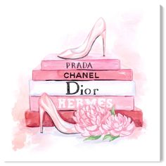 a watercolor painting of high heel shoes on top of books with pink peonies