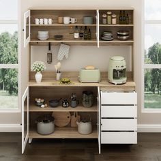 This storage cabinet is a multifunctional item that stores your kitchenware and provides ample space for meal prep. It's crafted from engineered wood. Plus, it features two shelves on top, four drawers on the bottom, and two separate 2-door cabinets that make it a cinch to organize plates, glasses, and more. Three additional pegs attached to a backboard serve as a spot to hang towels and oven mitts. We also love that the wide countertop is just right for your microwave, coffee machine, or food processor. FUFU&GAGA Rustic Light Oak Farmhouse Bakers Rack with Microwave Stand, 4 Drawers, and Multiple Storage Compartments | LJY-JX0128-06+07 Kitchen Open Storage, Kitchen Hutch Cabinet, Kitchen Cabinet Style, Cupboard Pantry, Organiser Cucina, Shelf For Kitchen, Microwave Shelf, Hutch Cabinet, Kitchen Hutch