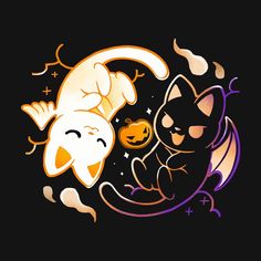 an image of two cats and a cat on a black background with pumpkins in the air