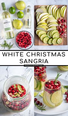 white christmas sangria with limes, cranberries and lemons on the side