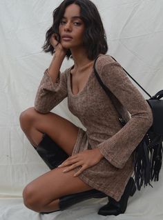 Boho Babe Mini Dress Mocha Casual Long Sleeve Brown Mini Dress, Trendy Long Sleeve Brown Dress, Brown Ribbed Dress For Fall, Ribbed Brown Dress For Fall, Fitted Brown Mini Dress With Square Neck, Brown Fitted Mini Dress With Square Neck, Fitted Beige Mini Dress For Fall, Beige Fitted Mini Dress For Fall, Brown Ribbed Dress For Date Night