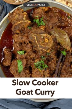 slow cooker goat curry recipe on a plate with pita bread