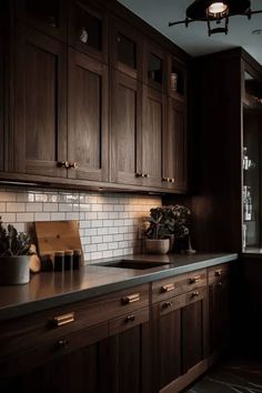 Dark Brown Kitchen, Dark Wood Kitchen Cabinets, Diy Kitchen Cabinets Painting, Brown Kitchen Cabinets, Dark Wood Kitchens, Interior Design Per La Casa, Brown Cabinets, Interior Vintage, Brown Kitchens