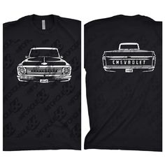 two t - shirts with an image of a car and the words chevrolet on them