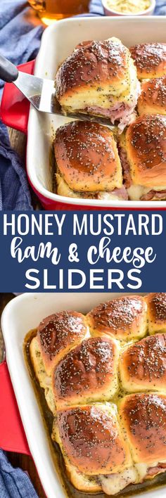 honey mustard ham and cheese sliders in a casserole dish with text overlay