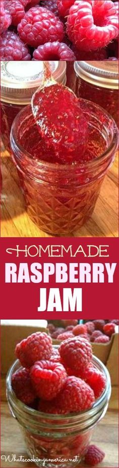 raspberry jam in a glass bowl with the words homemade raspberry jam