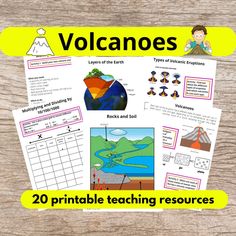 the volcanos worksheet is shown on top of a wooden table with text that reads