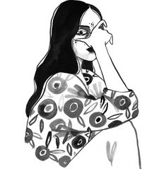 a black and white drawing of a woman holding her hand to her face while looking up