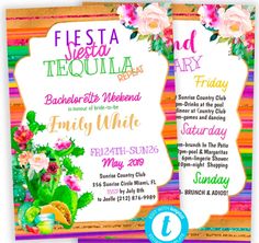 two flyers for fiesta tequila party with flowers and fruit on the front, in bright colors