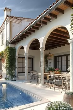 an outdoor dining area next to a pool with chairs and tables on the outside patio