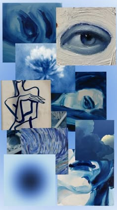 a collage of blue and white images with an eye in the middle, clouds above