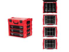 four red tool boxes are stacked on top of each other, with the lids open