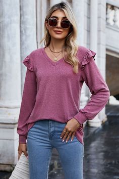 Ruffle Shoulder V-Neck Long Sleeve Top Fall V-neck Ruffled Tops, V-neck Ruffled Sweater For Fall, Spring V-neck Ruffled Sweater, Winter V-neck Top With Ruffles, Fall Ruffled V-neck Tops, Trendy Heather Tops For Fall, Cheap Clothing, Long Sleeve Tops Casual, Long Sleeve Print Dress