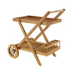 a small wooden cart with wheels on the bottom and two trays attached to it