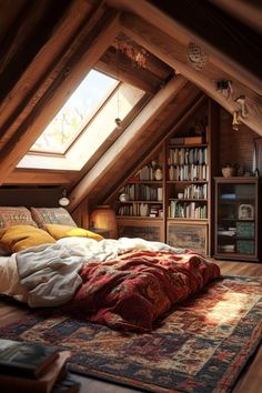 an attic bedroom with a bed, bookshelf and rugs on the floor