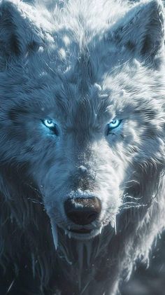 a white wolf with blue eyes standing in the snow