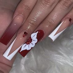 long red acrylic flower nails Nails For Quinceanera, Quince Nails, Quinceanera Nails, White And Silver Nails, Bunny Nails, Black Acrylic Nails, Red Acrylic Nails, Nails Homecoming, Homecoming Nails Acrylic