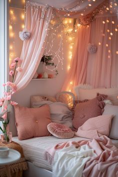 a bedroom with pink and white decor