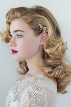 68+ Cute and Stylish Prom Hairstyle Ideas Soft Curls Pinned To The Side, 40s Wedding Hairstyles, Pincurl Wedding Hair, Vintage Half Up Half Down Hair Wedding, Elegant Hairstyles For Women, Vintage Inspired Updo, Bridal Hair Pinned On One Side, 70s Bride Hair, Mermaid Hair Wedding