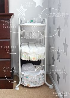 an organized baby changing table with instructions for diapers and blankets on it in the corner of a room