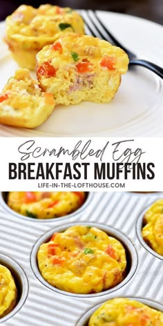 egg breakfast muffins in a muffin tin on a white plate with text overlay