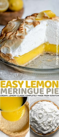 an easy lemon meringue pie is shown in this collage with the recipe