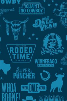 a blue background with various logos and words in different colors, including an image of a bull