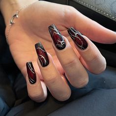 Black A Red Nails, Red And Black Square Acrylic Nails, Dark Red And Black Nail Designs, Black Nail With Red French Tip, Dark Winter Nails With Design, Red And Black Winter Nails, Cherry Red And Black Nails, Dark Crome Nails, Nail Designs Vampire