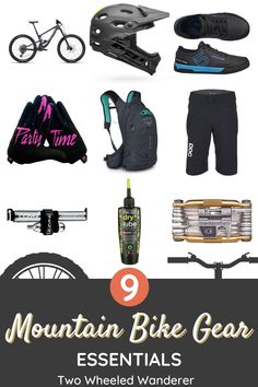 the mountain bike gear essentials are arranged in a circle with text overlaying it