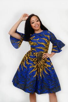 Blue African Print, Flair Sleeves, Ankara Short, Back Zipper Dress, Ankara Short Gown Styles, Gown Styles, African Fashion Ankara, Batik Fashion