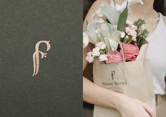 a woman holding a brown paper bag with flowers in it and the letter f next to her