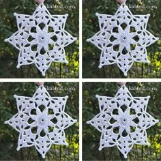 four pictures of snowflakes made from crochet