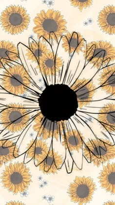 a black circle surrounded by yellow sunflowers on a white and gray background with flowers in the center