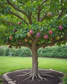 a tree with many fruits growing on it's branches in the middle of a garden