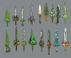 a bunch of different types of swords on a gray background